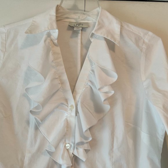 Loft White Button Down Front Ruffle Blouse - Size 10 - Picture 3 of 5